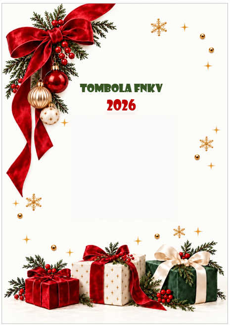 Vánoční tombola FNKV 2026 s červenou mašlí a zabalenými dárky